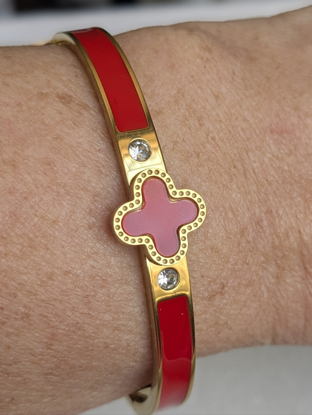 Gold Tone Enamel Clover Cuff Bracelet Red with Crystal Accent NWOT
